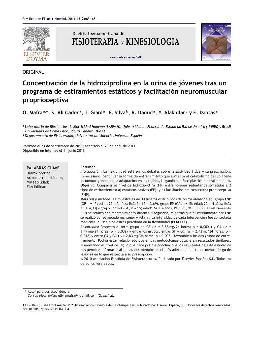 Concentración de la hidroxiprolina en la orina de jóvenes tras un programa de estiramientos estáticos y facilitación neuromuscular proprioceptiva