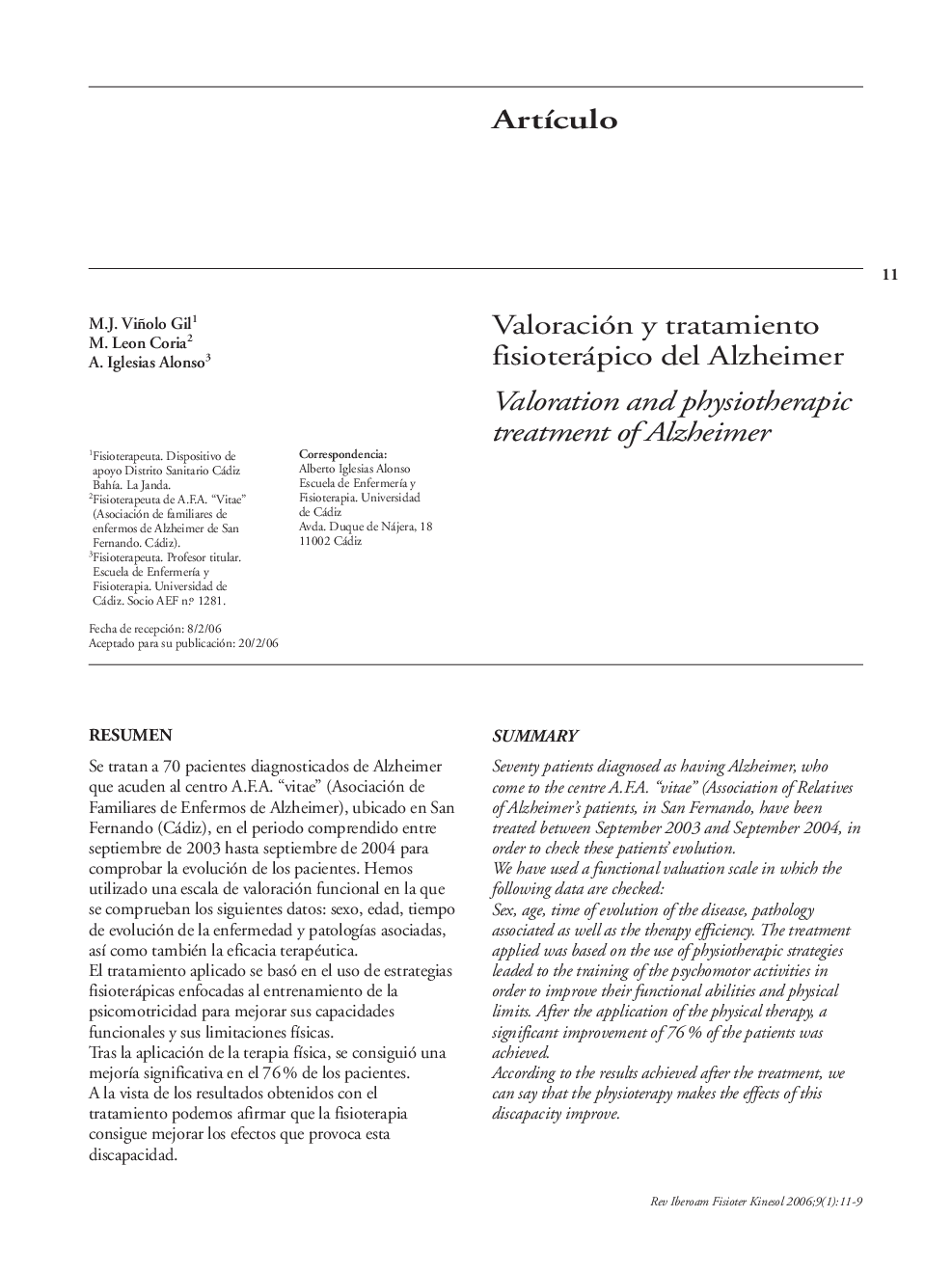 Valoración y tratamiento fisioterápico del Alzheimer