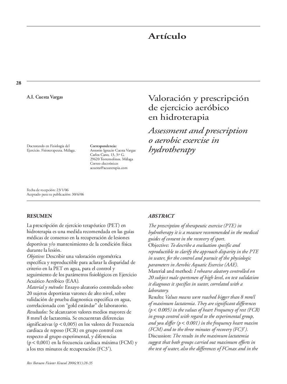 Valoración y prescripción de ejercicio aeróbico en hidroterapia