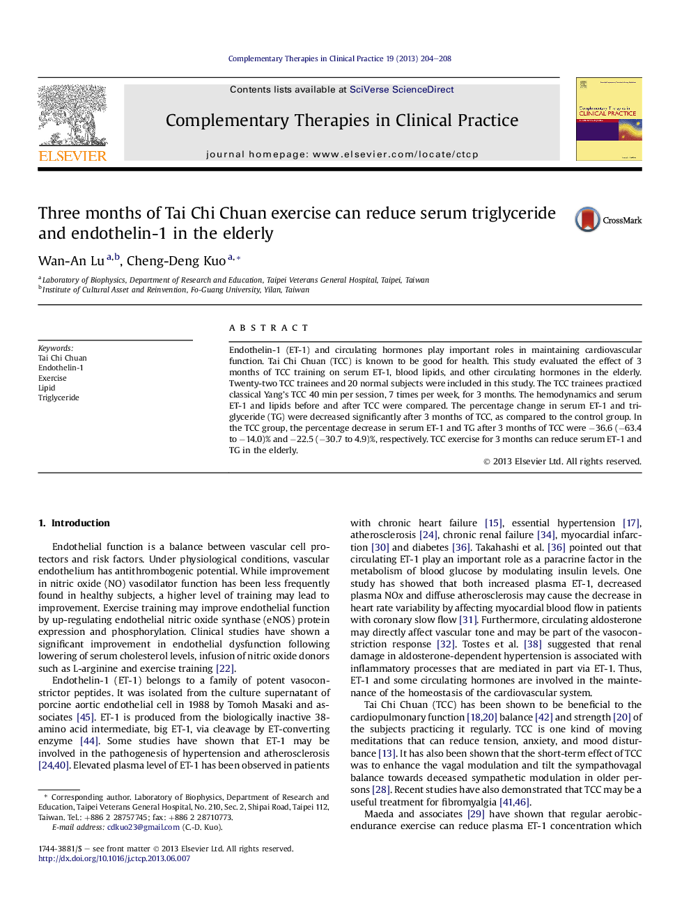 Three months of Tai Chi Chuan exercise can reduce serum triglyceride and endothelin-1 in the elderly