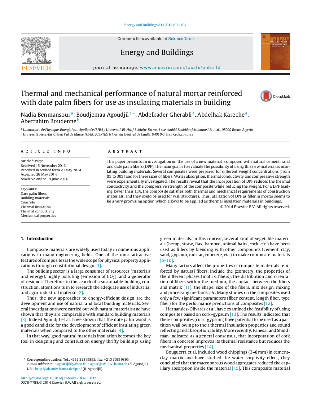 Thermal and mechanical performance of natural mortar reinforced with date palm fibers for use as insulating materials in building