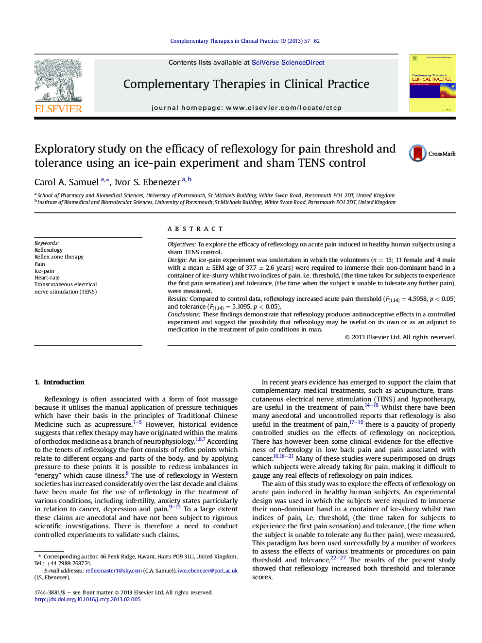 Exploratory study on the efficacy of reflexology for pain threshold and tolerance using an ice-pain experiment and sham TENS control