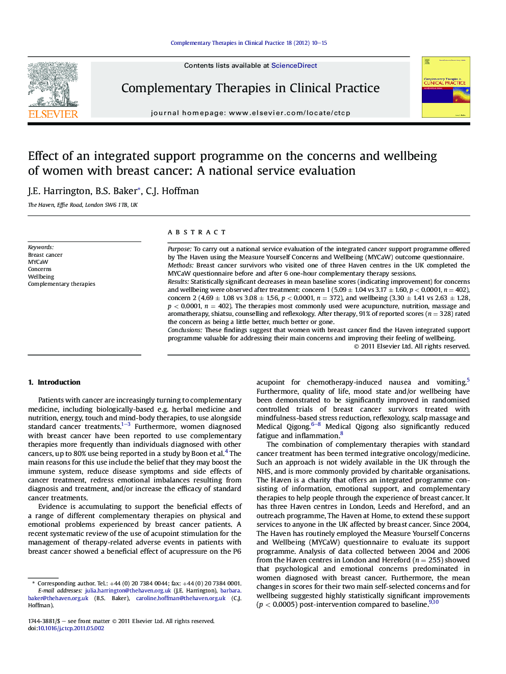 Effect of an integrated support programme on the concerns and wellbeing of women with breast cancer: A national service evaluation