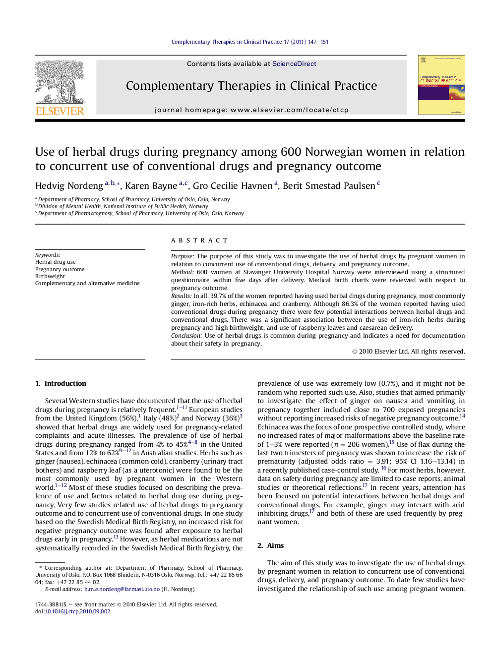 Use of herbal drugs during pregnancy among 600 Norwegian women in relation to concurrent use of conventional drugs and pregnancy outcome