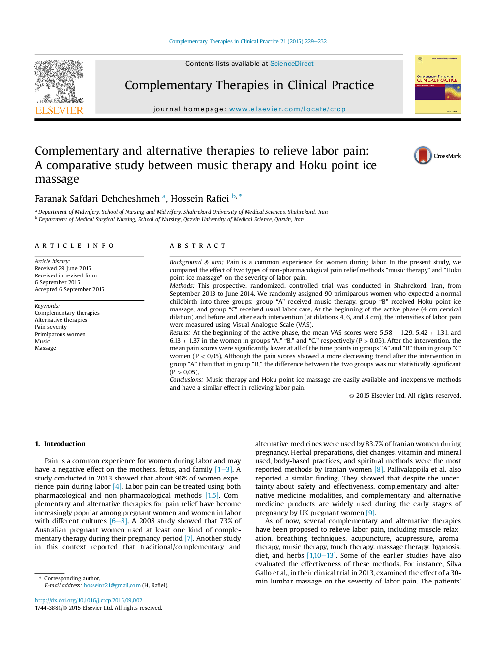 درمان های مکمل و جایگزین نسبت به تسکین درد زایمان : بررسی مقایسه ای بین درمان موسیقی و ماساژ نقطه ای هوگو بایخ 