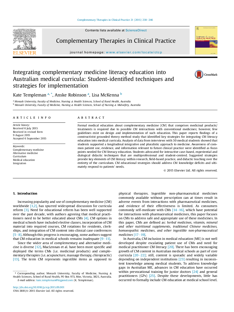 Integrating complementary medicine literacy education into Australian medical curricula: Student-identified techniques and strategies for implementation