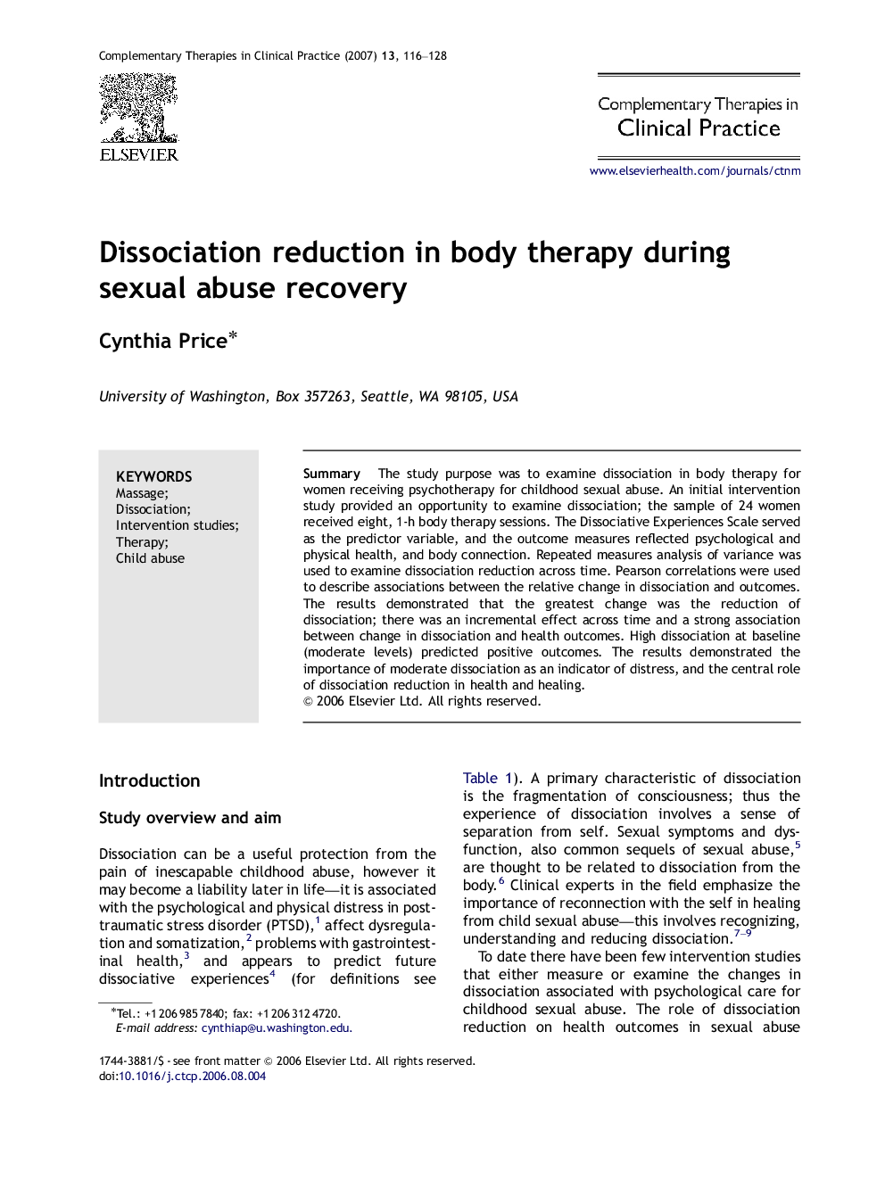 Dissociation reduction in body therapy during sexual abuse recovery