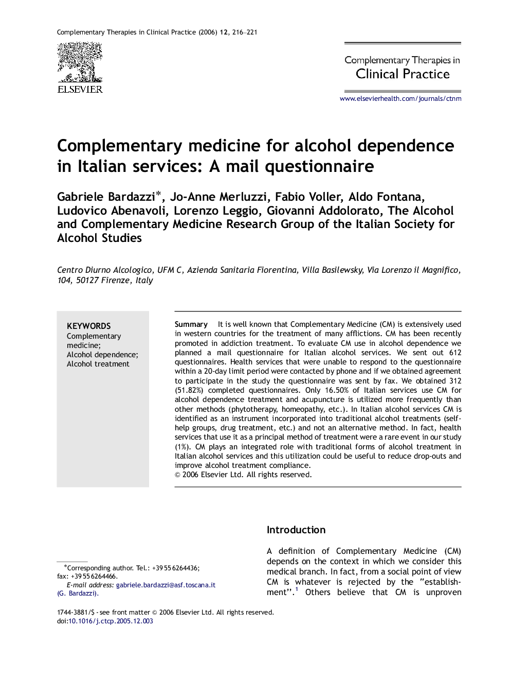 Complementary medicine for alcohol dependence in Italian services: A mail questionnaire