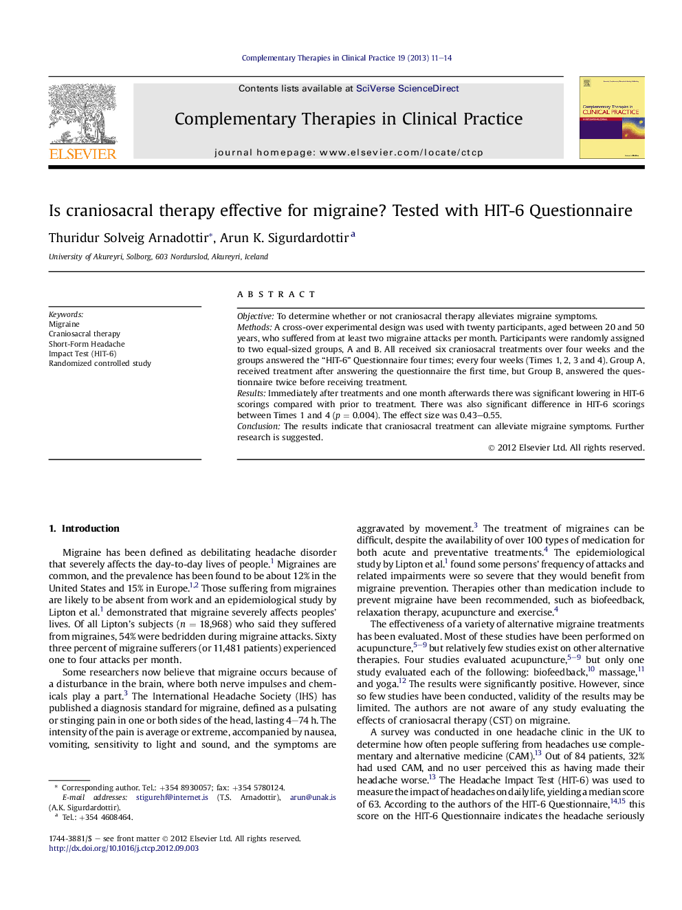 Is craniosacral therapy effective for migraine? Tested with HIT-6 Questionnaire