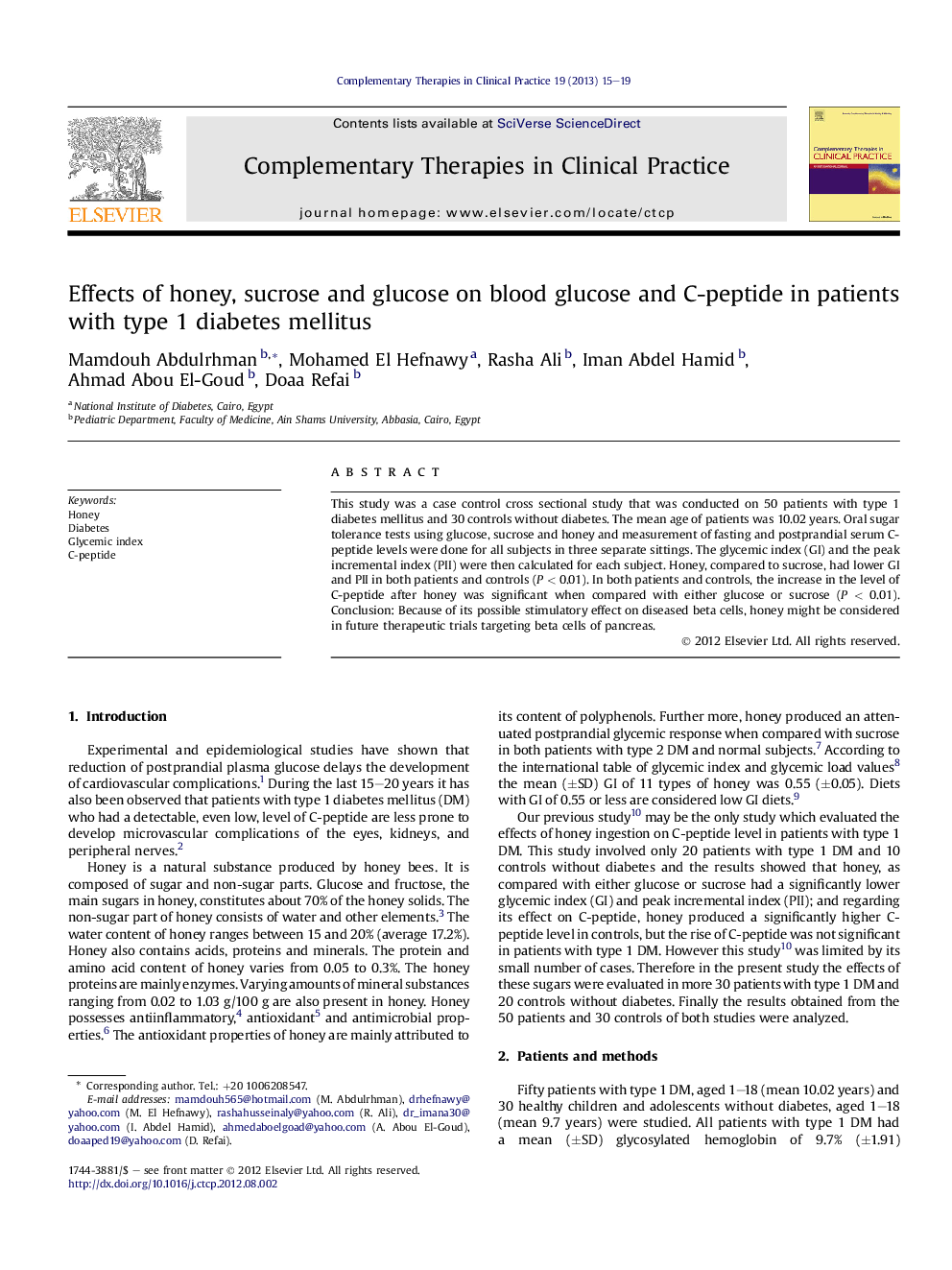 Effects of honey, sucrose and glucose on blood glucose and C-peptide in patients with type 1 diabetes mellitus