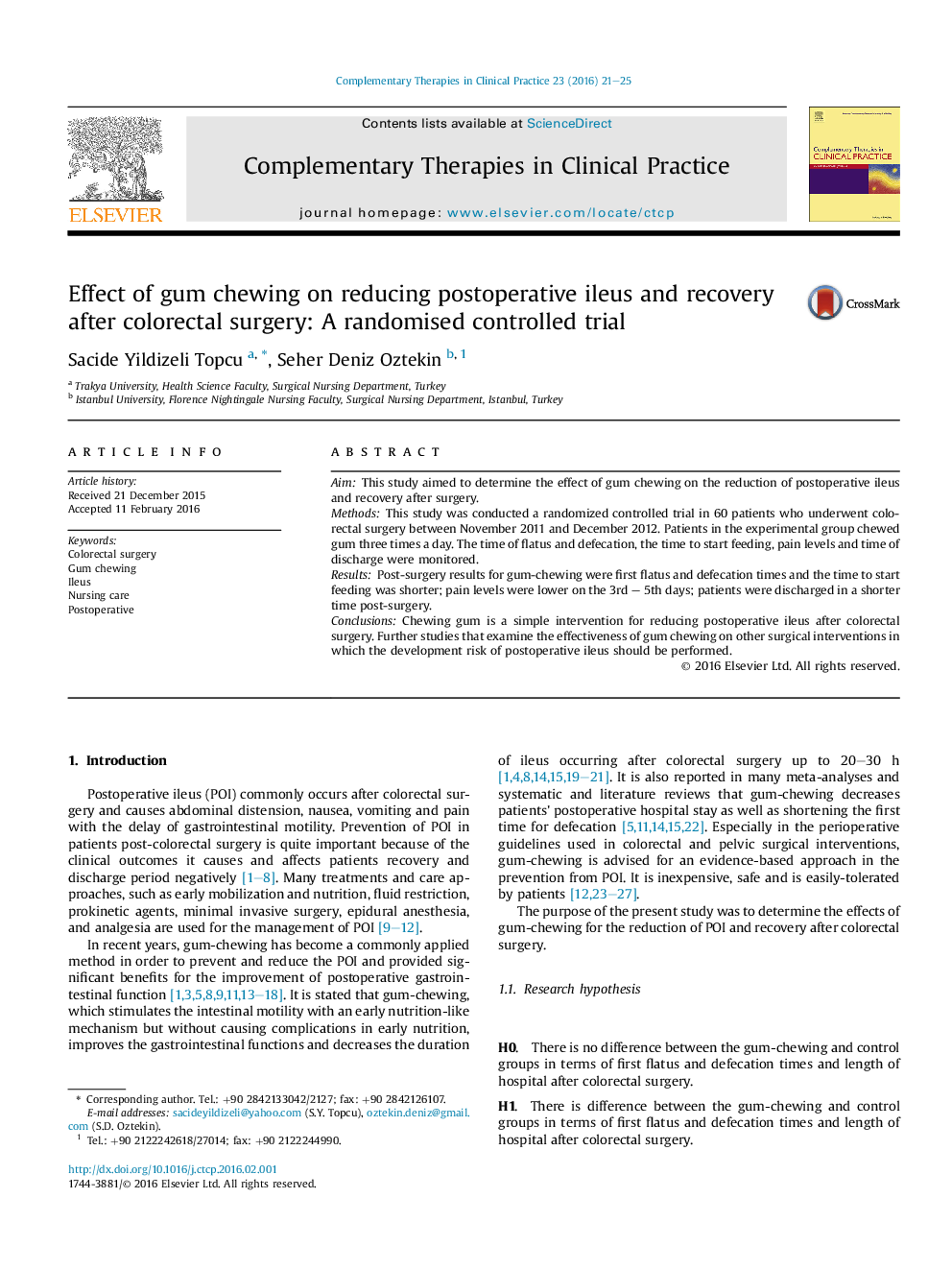 Effect of gum chewing on reducing postoperative ileus and recovery after colorectal surgery: A randomised controlled trial