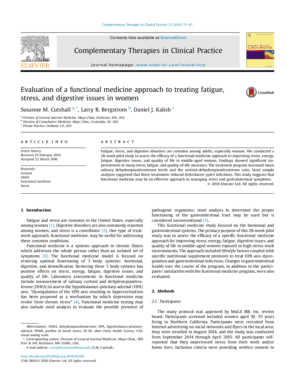 Evaluation of a functional medicine approach to treating fatigue, stress, and digestive issues in women