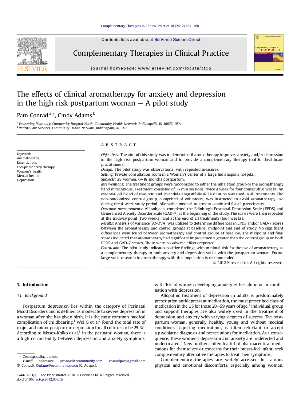 The effects of clinical aromatherapy for anxiety and depression in the high risk postpartum woman – A pilot study