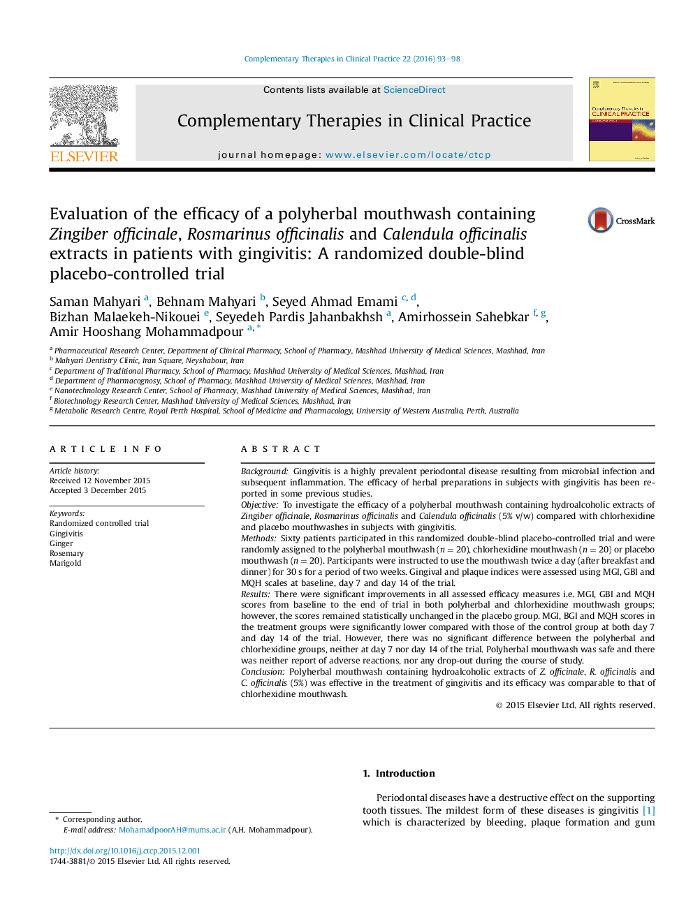 Evaluation of the efficacy of a polyherbal mouthwash containing Zingiber officinale, Rosmarinus officinalis and Calendula officinalis extracts in patients with gingivitis: A randomized double-blind placebo-controlled trial