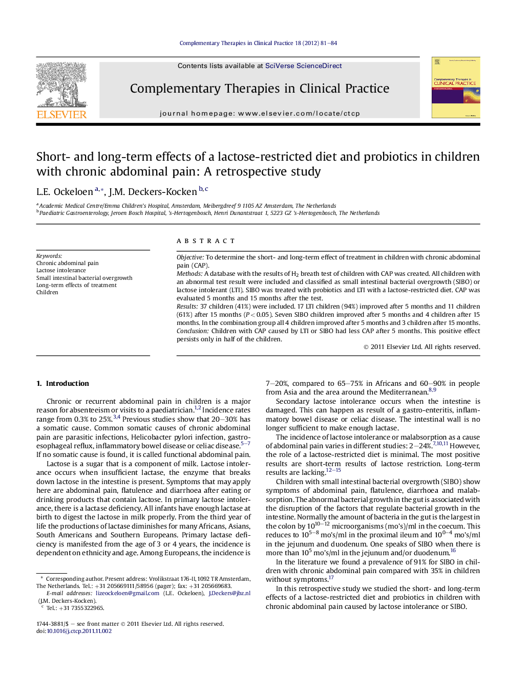 Short- and long-term effects of a lactose-restricted diet and probiotics in children with chronic abdominal pain: A retrospective study