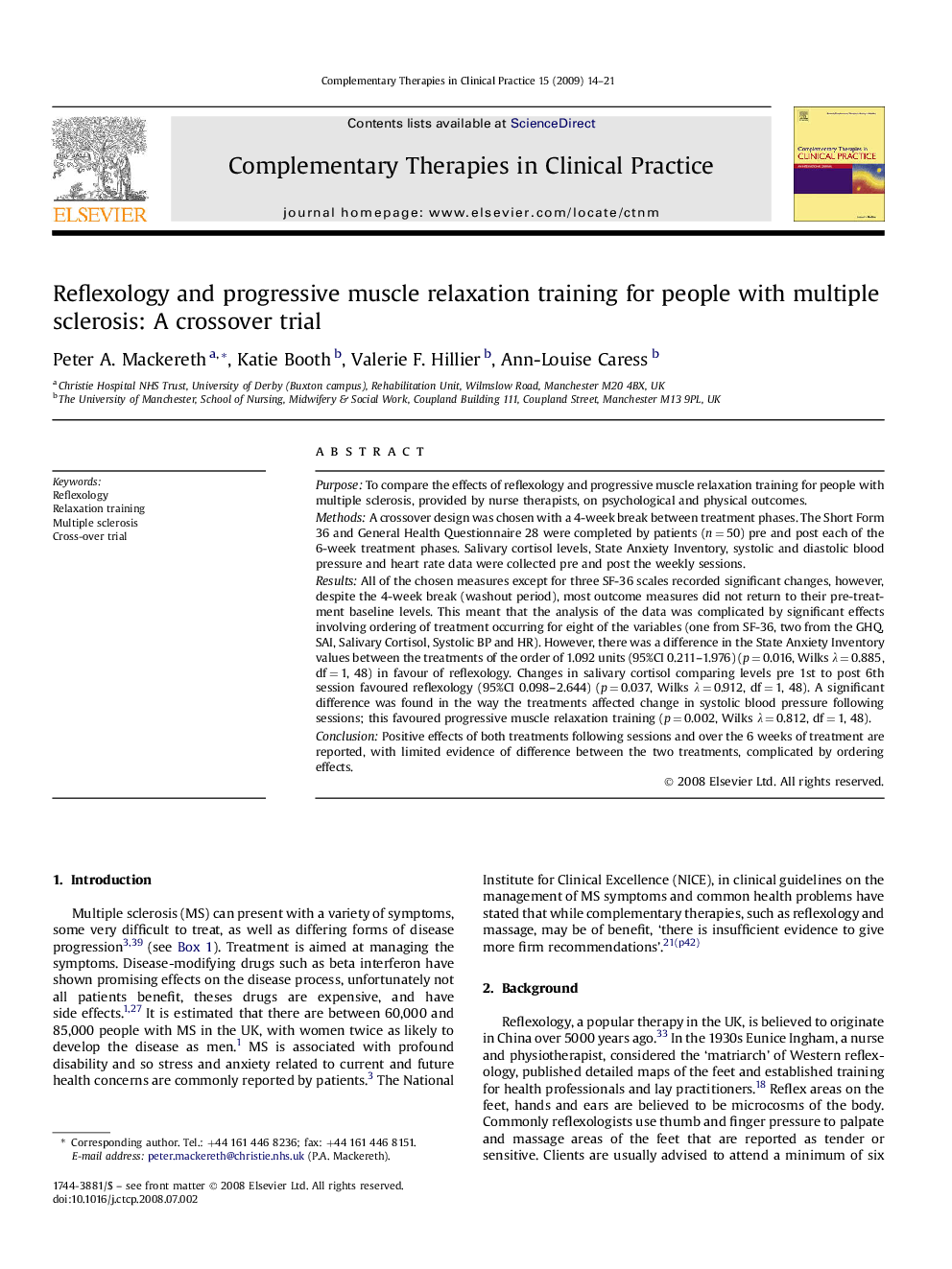 Reflexology and progressive muscle relaxation training for people with multiple sclerosis: A crossover trial