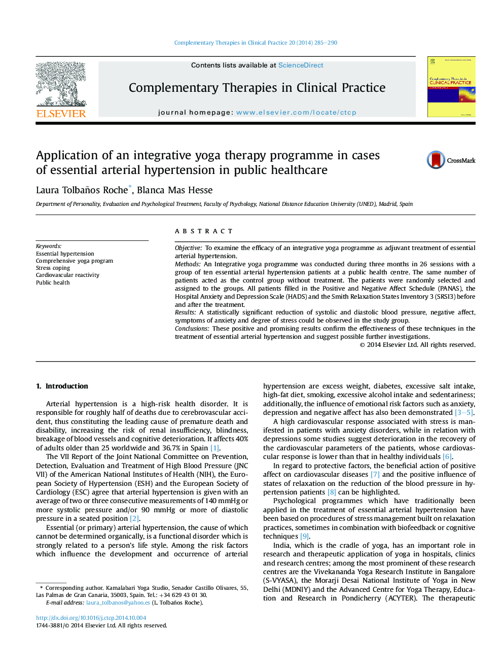 Application of an integrative yoga therapy programme in cases of essential arterial hypertension in public healthcare