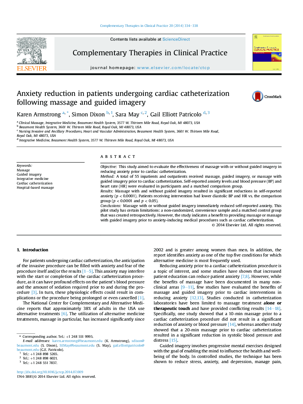 Anxiety reduction in patients undergoing cardiac catheterization following massage and guided imagery