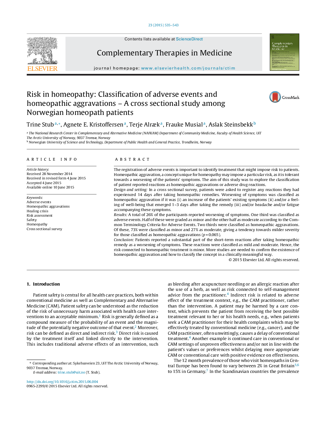 Risk in homeopathy: Classification of adverse events and homeopathic aggravations – A cross sectional study among Norwegian homeopath patients