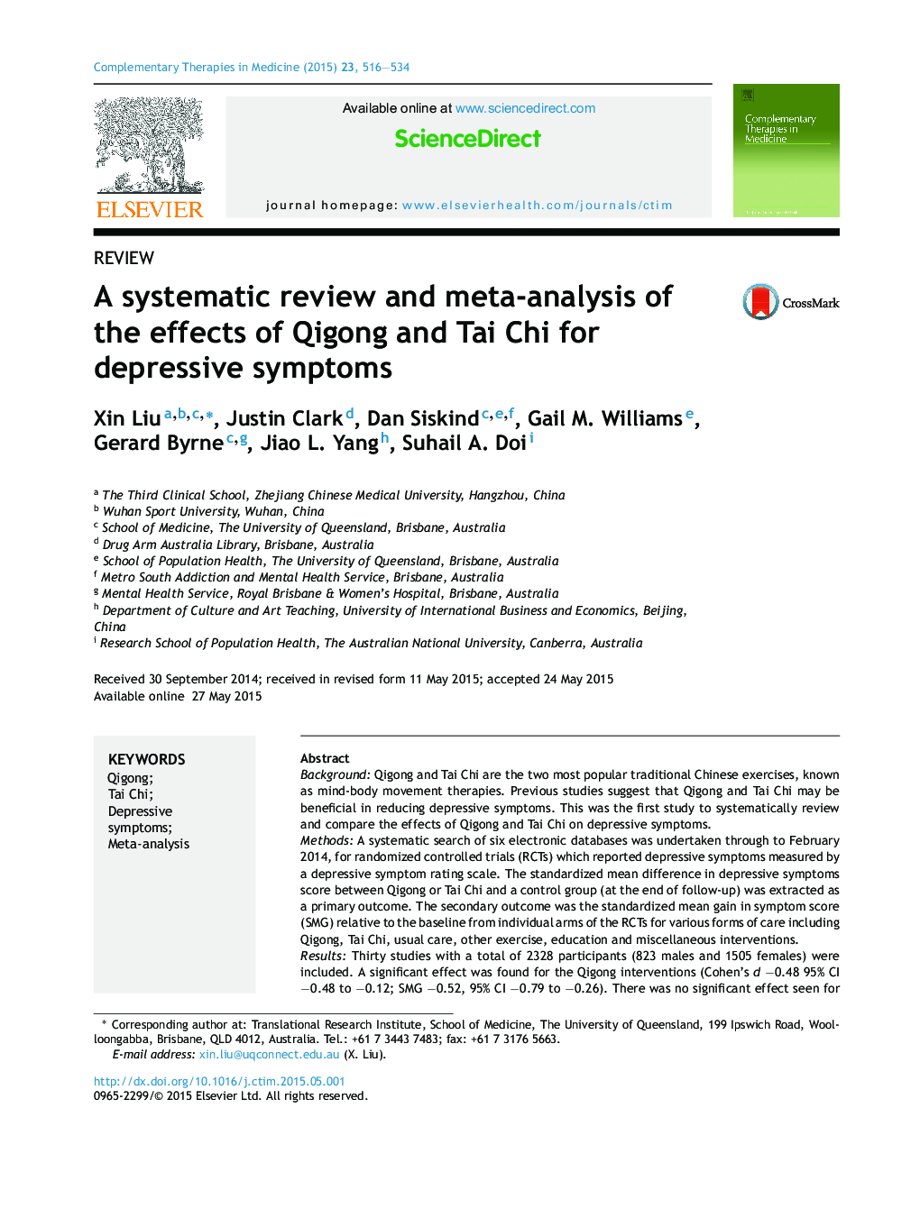 A systematic review and meta-analysis of the effects of Qigong and Tai Chi for depressive symptoms