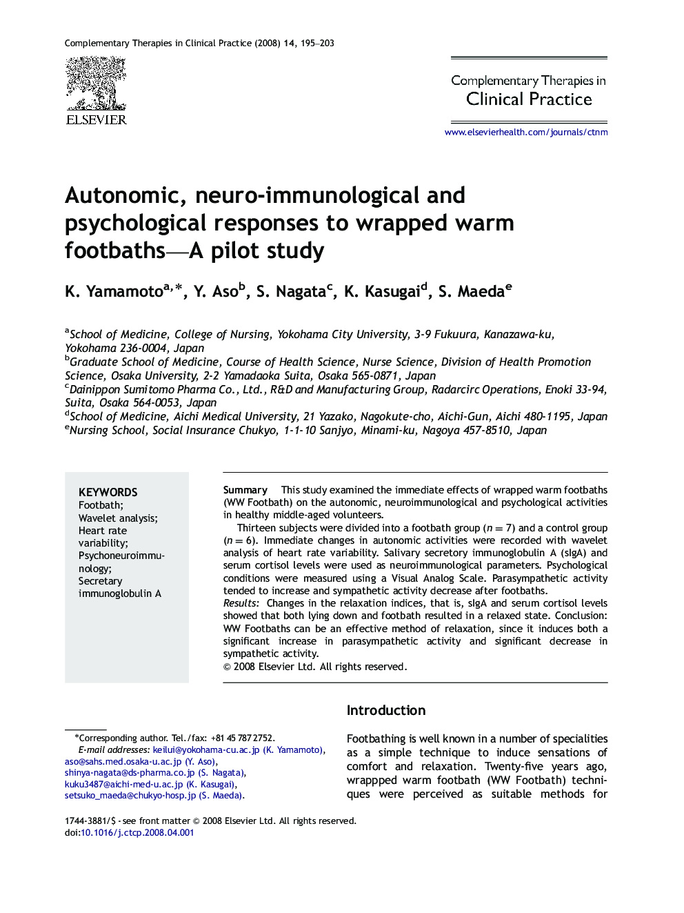 Autonomic, neuro-immunological and psychological responses to wrapped warm footbaths—A pilot study