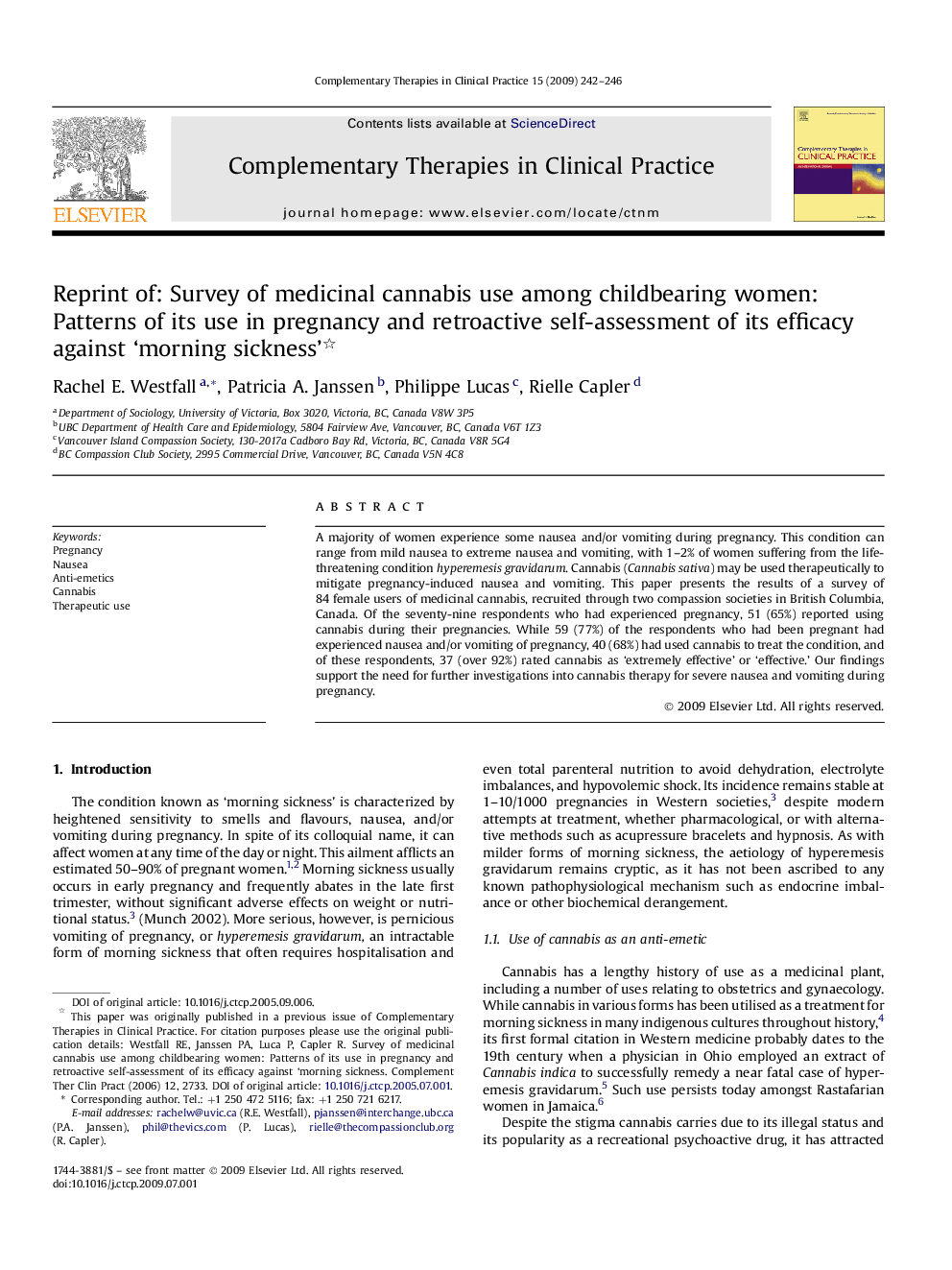 Reprint of: Survey of medicinal cannabis use among childbearing women: Patterns of its use in pregnancy and retroactive self-assessment of its efficacy against ‘morning sickness’ 