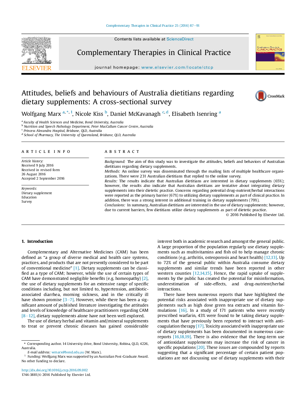 Attitudes, beliefs and behaviours of Australia dietitians regarding dietary supplements: A cross-sectional survey