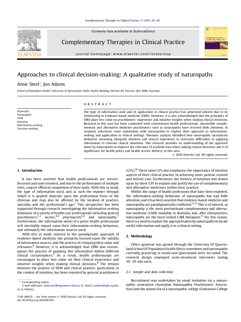 Approaches to clinical decision-making: A qualitative study of naturopaths