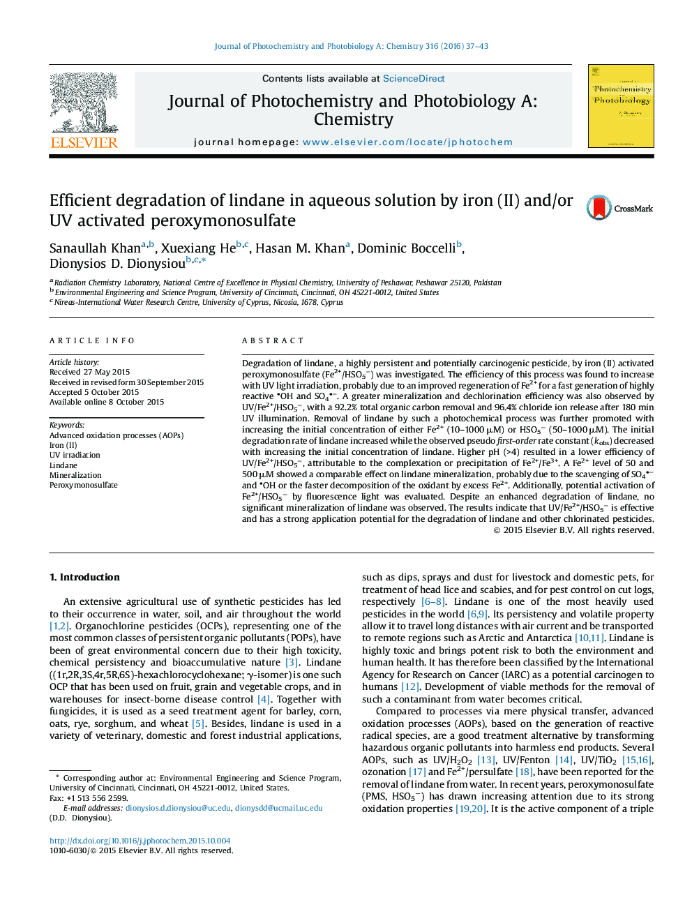 Efficient degradation of lindane in aqueous solution by iron (II) and/or UV activated peroxymonosulfate