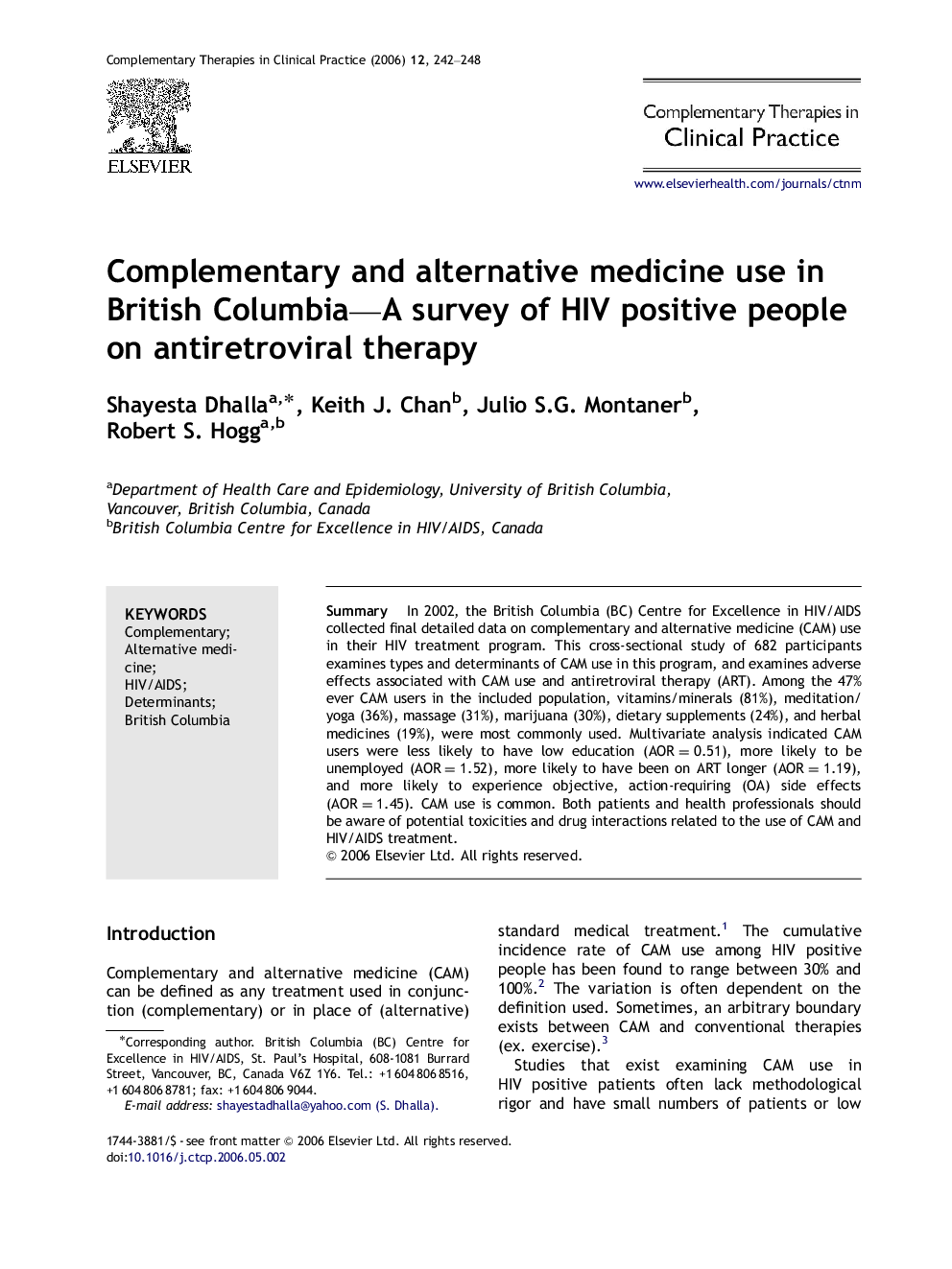 Complementary and alternative medicine use in British Columbia—A survey of HIV positive people on antiretroviral therapy