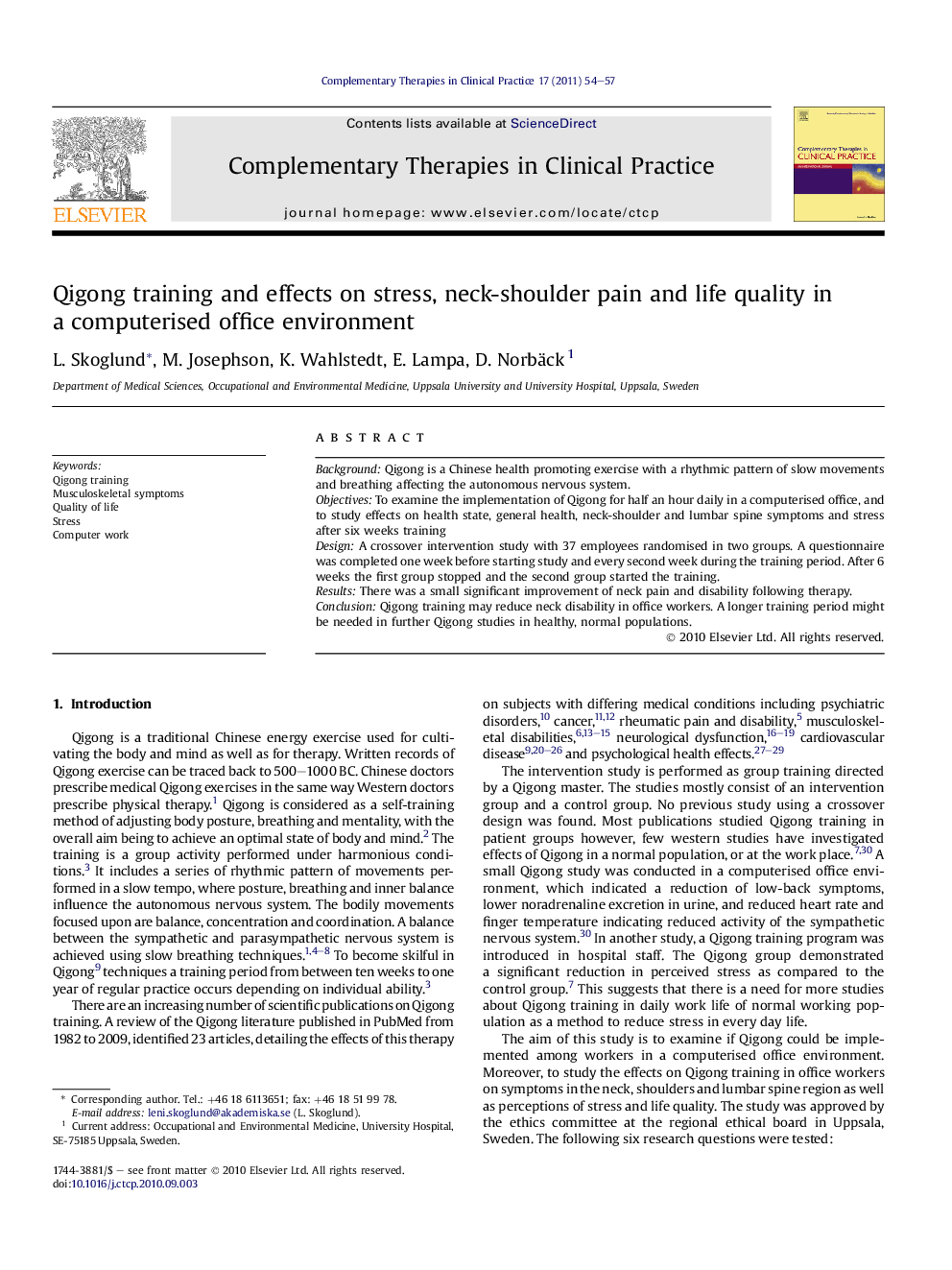 Qigong training and effects on stress, neck-shoulder pain and life quality in a computerised office environment