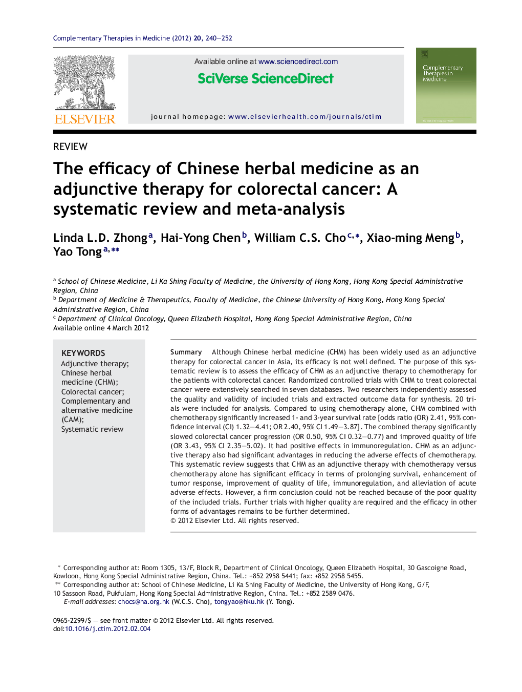 The efficacy of Chinese herbal medicine as an adjunctive therapy for colorectal cancer: A systematic review and meta-analysis