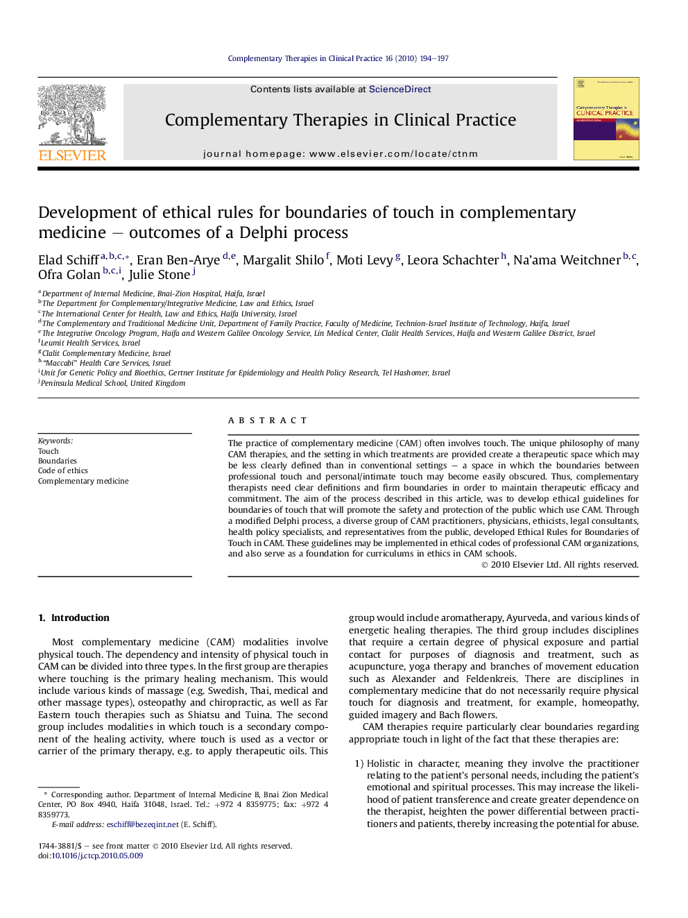 Development of ethical rules for boundaries of touch in complementary medicine – outcomes of a Delphi process