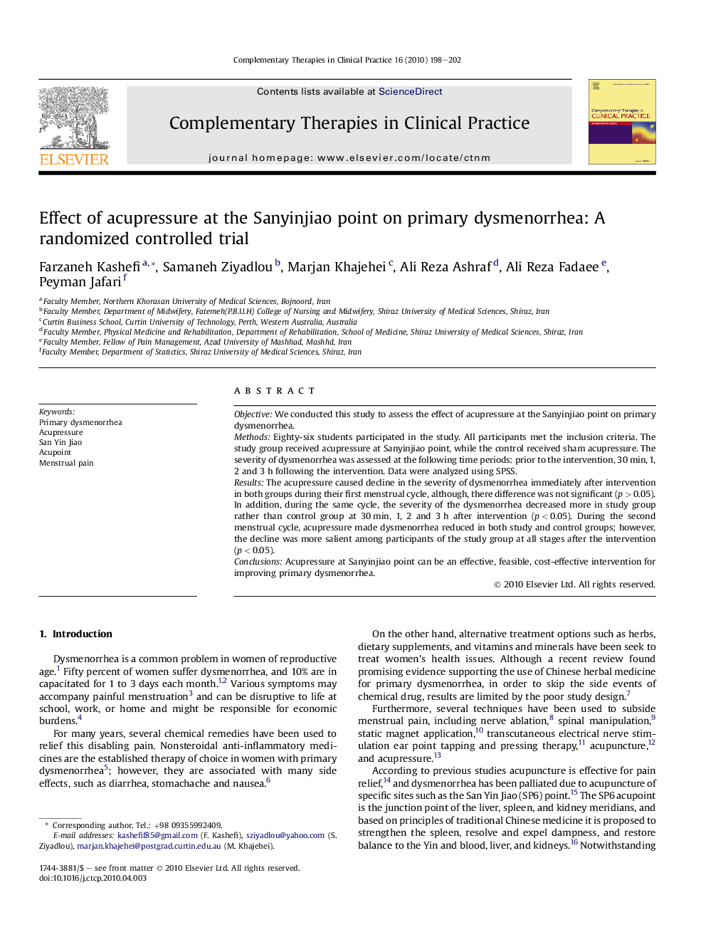 Effect of acupressure at the Sanyinjiao point on primary dysmenorrhea: A randomized controlled trial