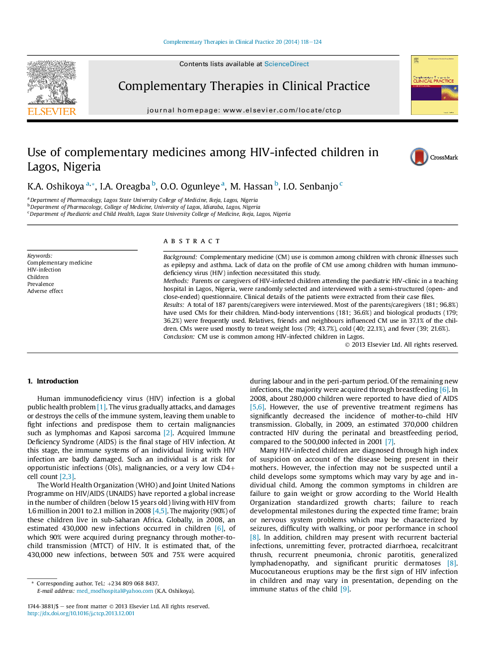 Use of complementary medicines among HIV-infected children in Lagos, Nigeria