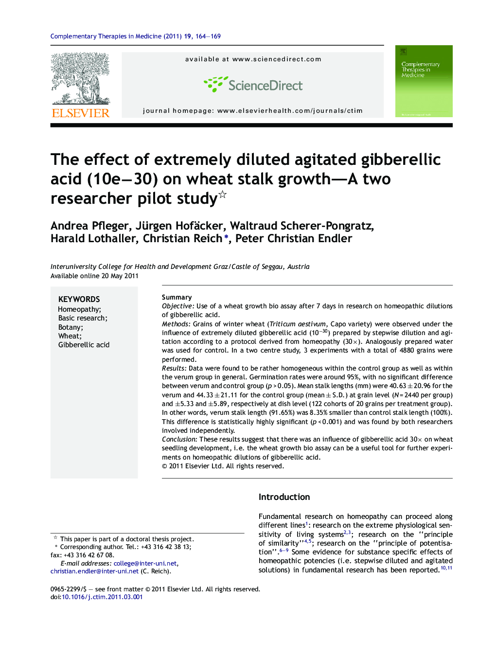 The effect of extremely diluted agitated gibberellic acid (10e−30) on wheat stalk growth—A two researcher pilot study 