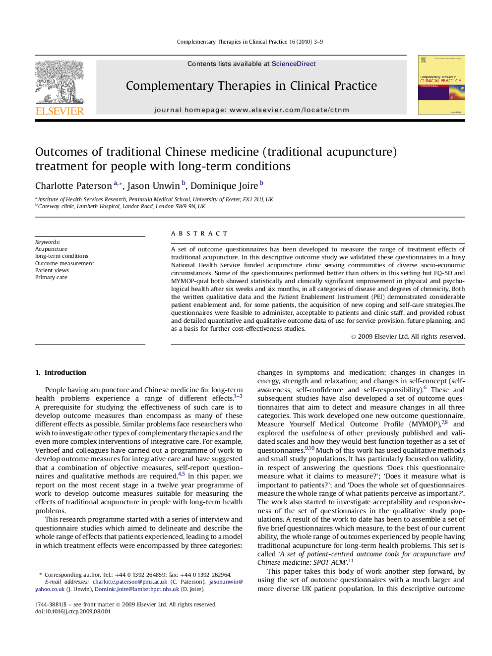 Outcomes of traditional Chinese medicine (traditional acupuncture) treatment for people with long-term conditions