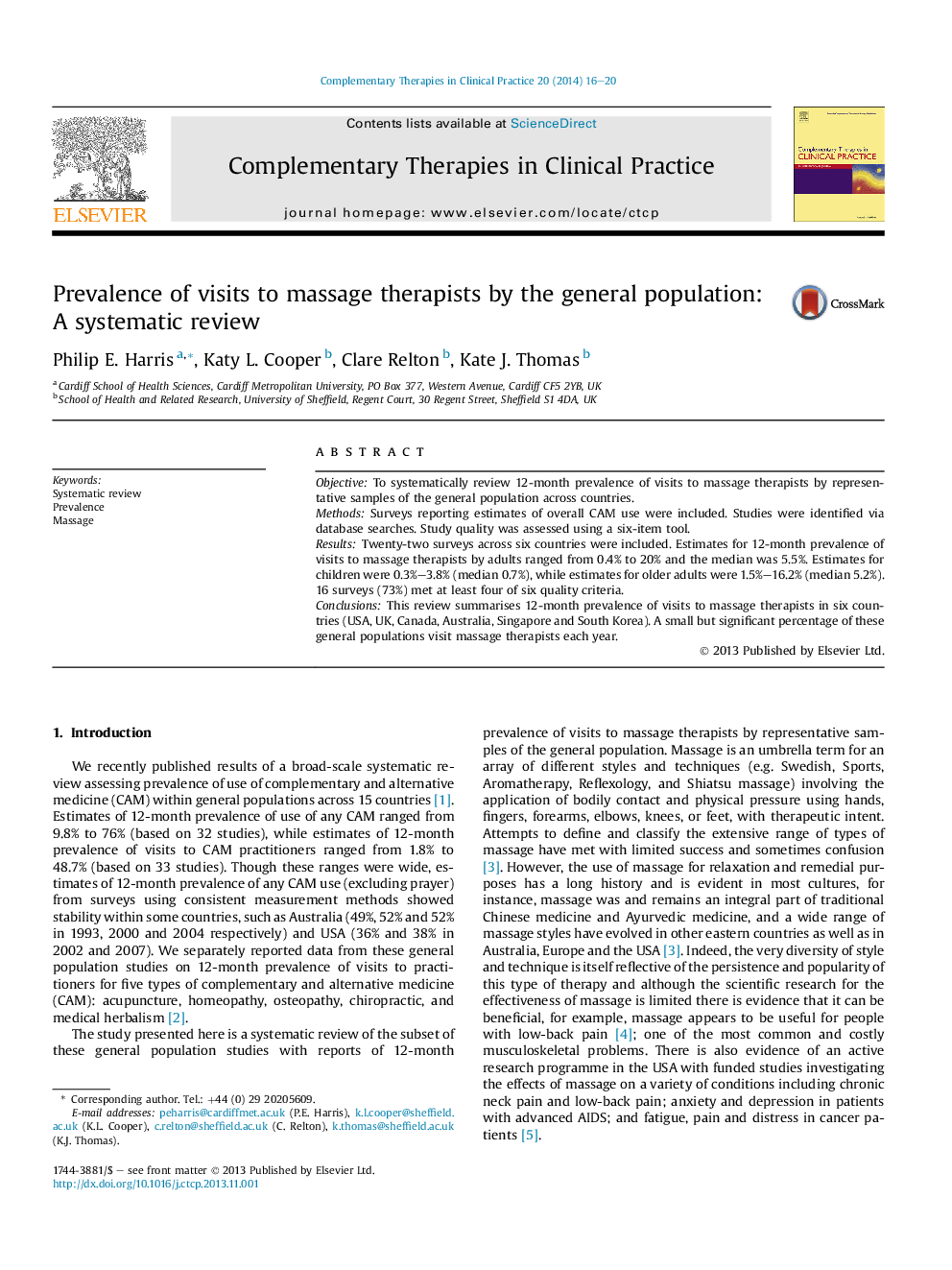 Prevalence of visits to massage therapists by the general population: A systematic review