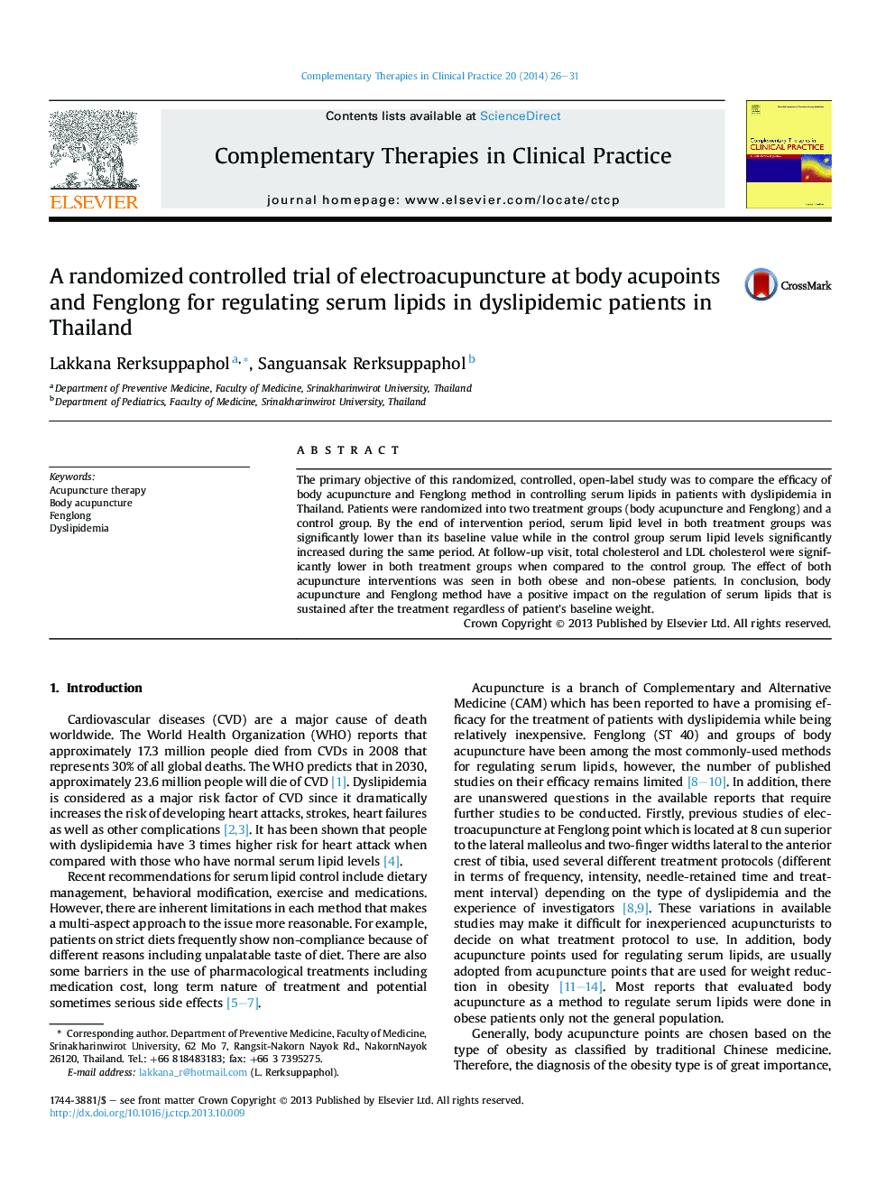 A randomized controlled trial of electroacupuncture at body acupoints and Fenglong for regulating serum lipids in dyslipidemic patients in Thailand