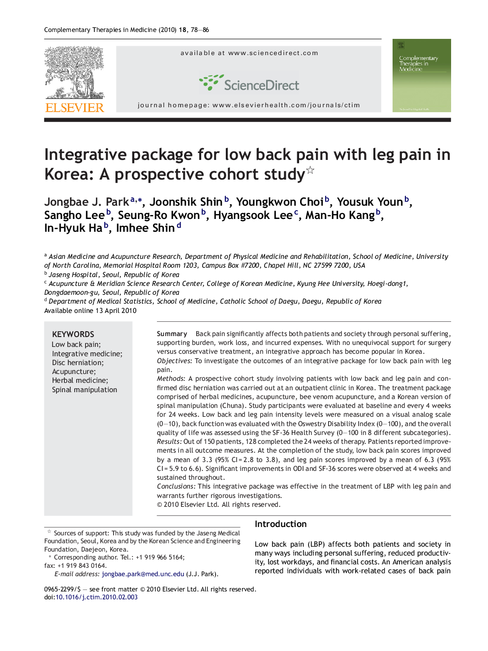 Integrative package for low back pain with leg pain in Korea: A prospective cohort study 