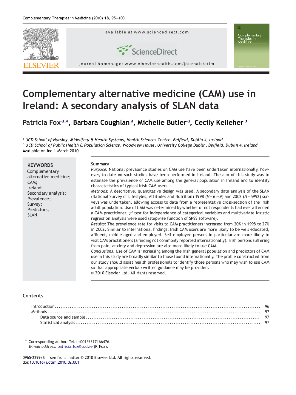 Complementary alternative medicine (CAM) use in Ireland: A secondary analysis of SLAN data