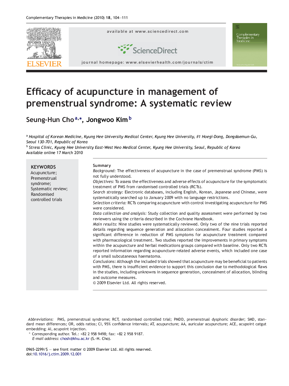 Efficacy of acupuncture in management of premenstrual syndrome: A systematic review