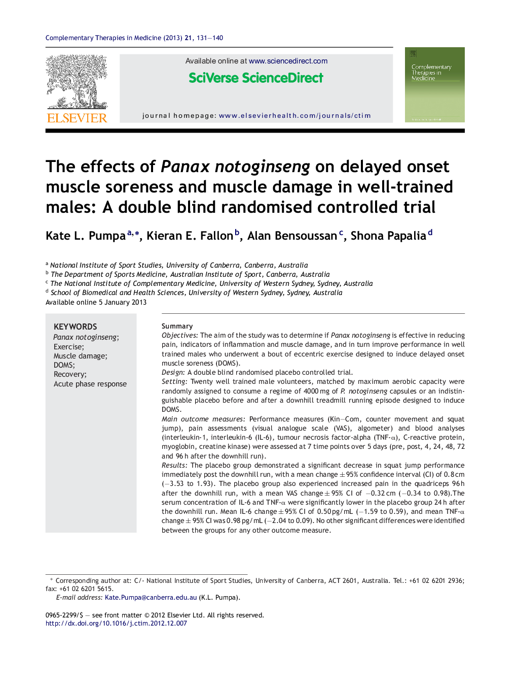 The effects of Panax notoginseng on delayed onset muscle soreness and muscle damage in well-trained males: A double blind randomised controlled trial