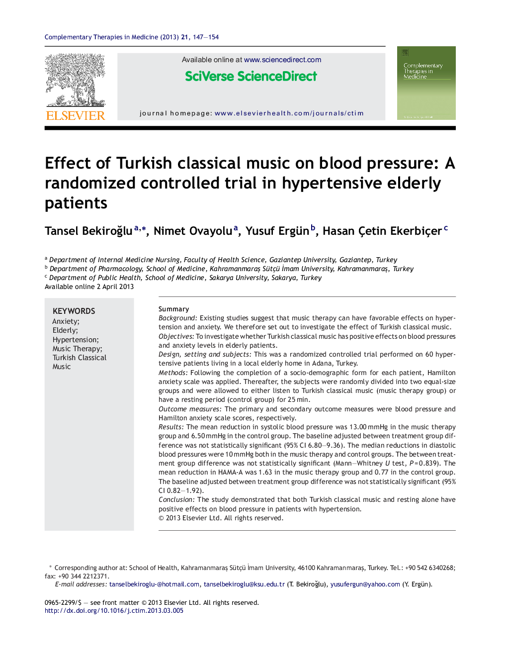 Effect of Turkish classical music on blood pressure: A randomized controlled trial in hypertensive elderly patients