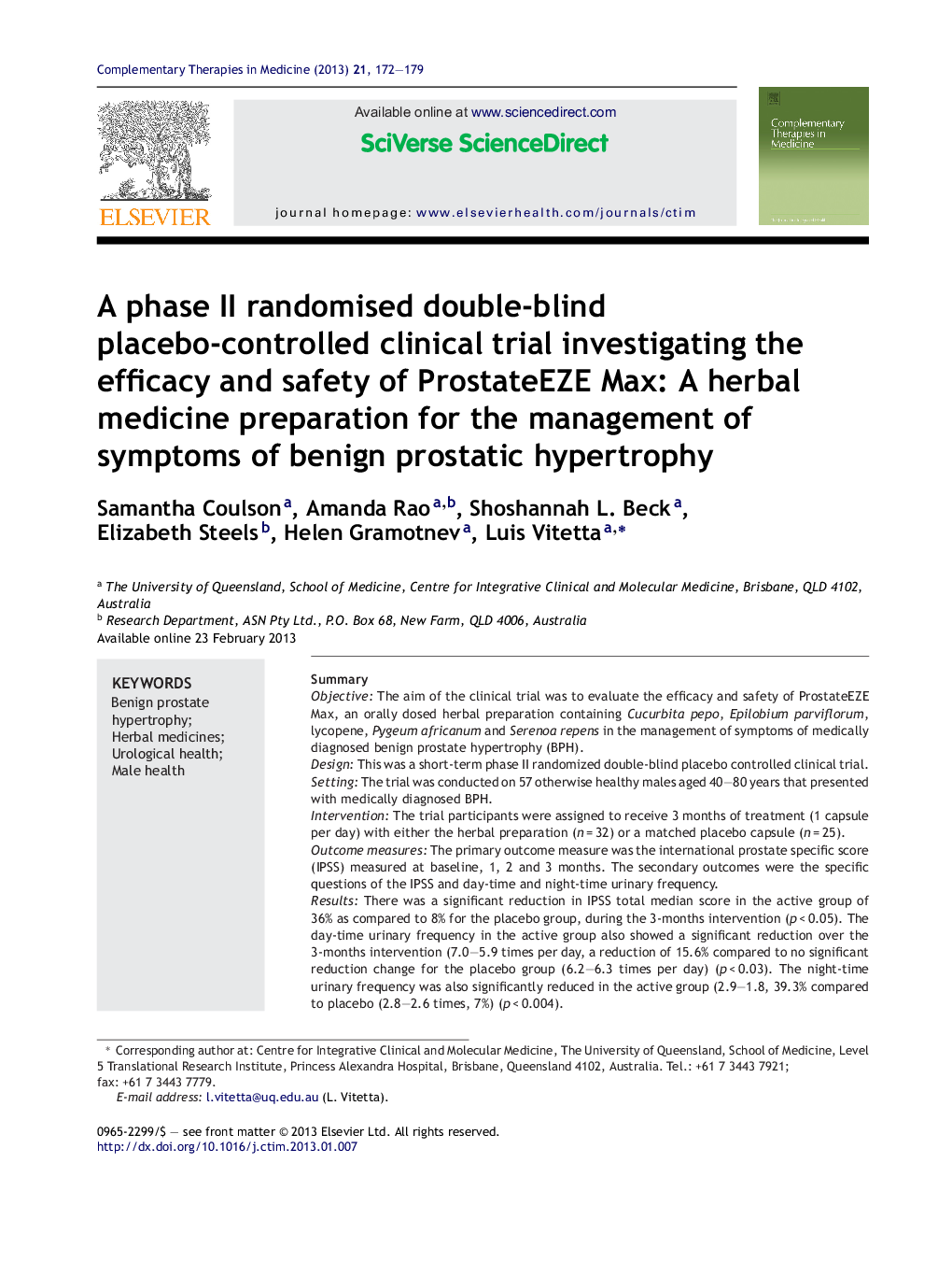 A phase II randomised double-blind placebo-controlled clinical trial investigating the efficacy and safety of ProstateEZE Max: A herbal medicine preparation for the management of symptoms of benign prostatic hypertrophy