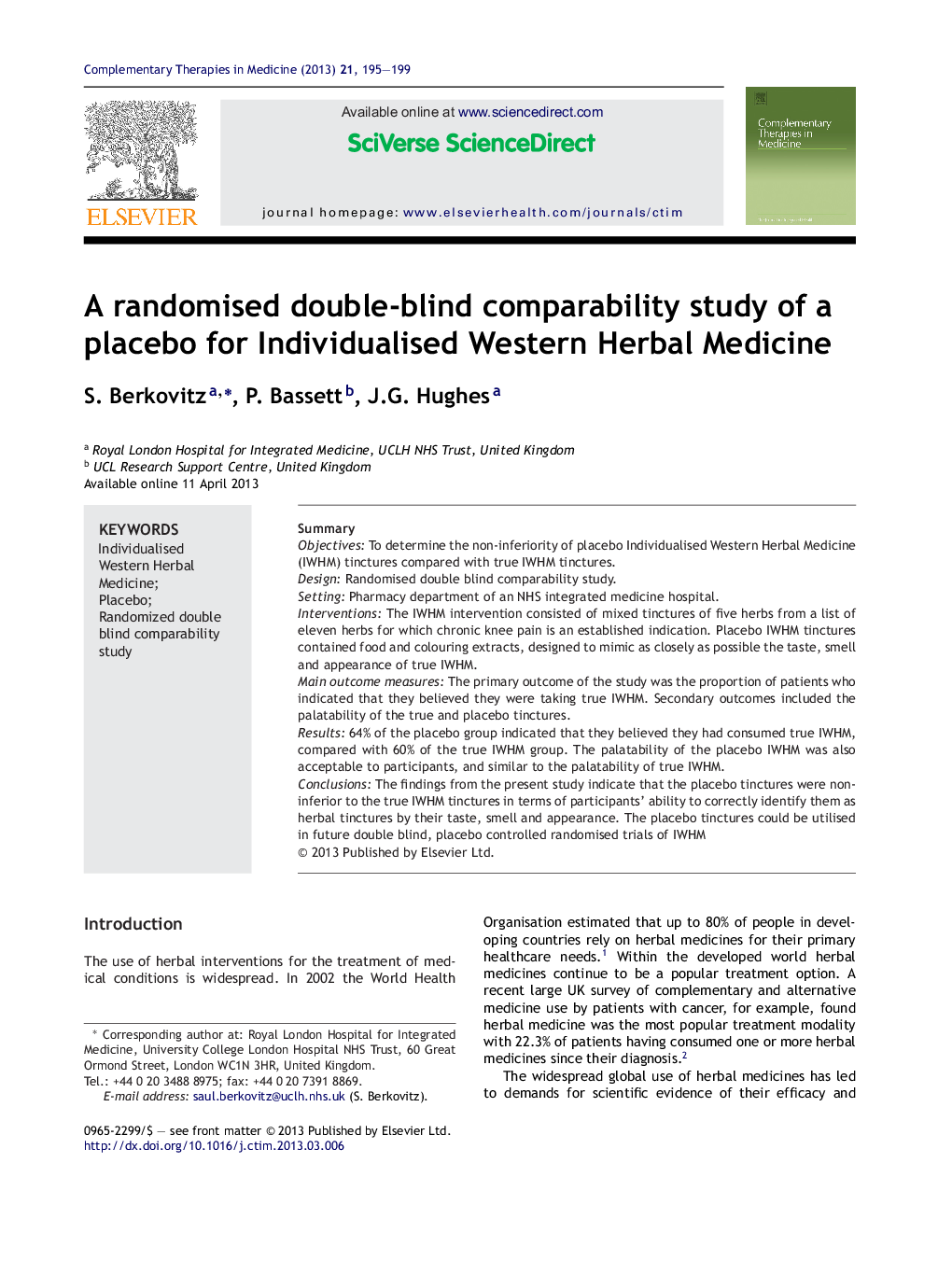 A randomised double-blind comparability study of a placebo for Individualised Western Herbal Medicine