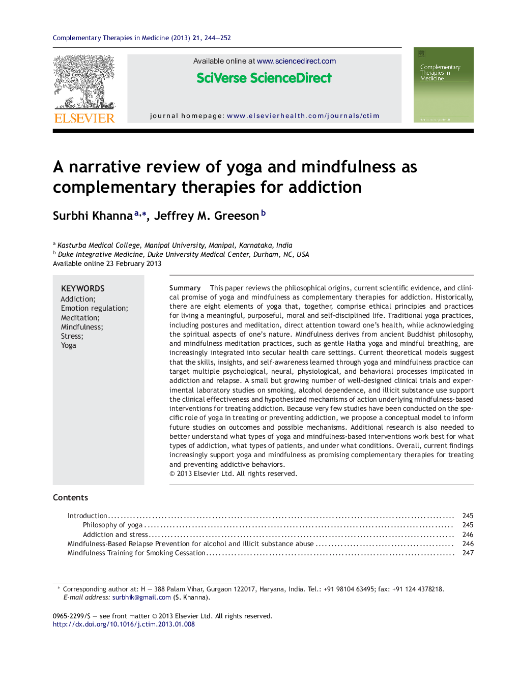 A narrative review of yoga and mindfulness as complementary therapies for addiction