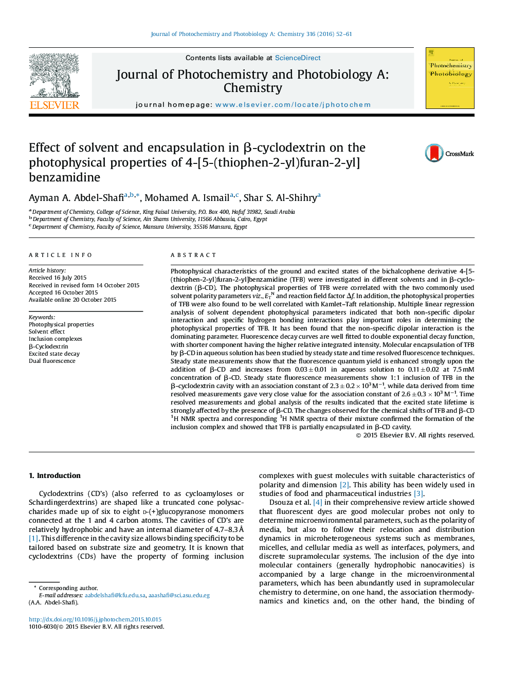 Effect of solvent and encapsulation in β-cyclodextrin on the photophysical properties of 4-[5-(thiophen-2-yl)furan-2-yl]benzamidine