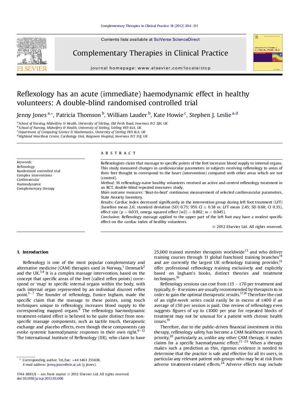 Reflexology has an acute (immediate) haemodynamic effect in healthy volunteers: A double-blind randomised controlled trial