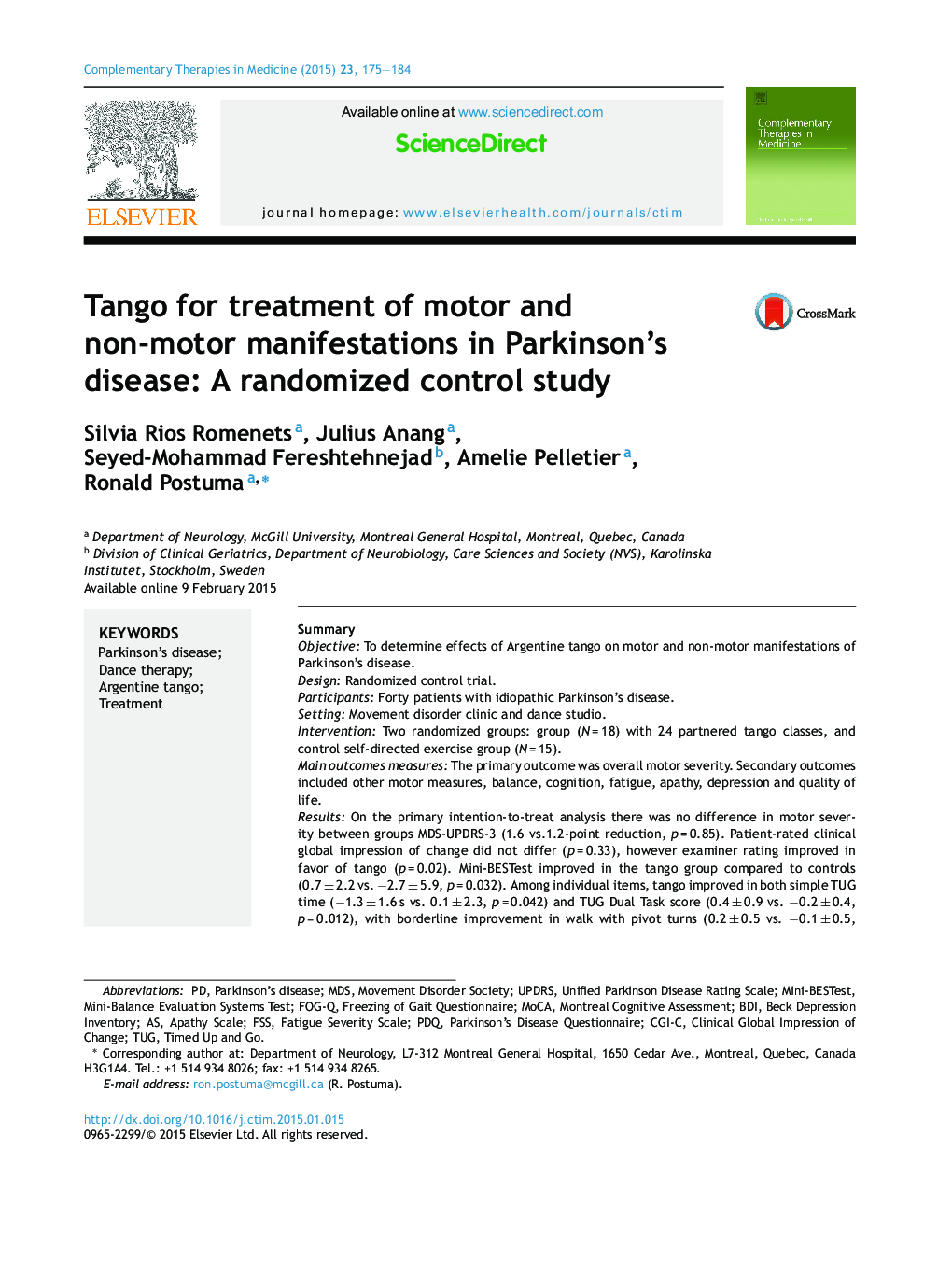 Tango for treatment of motor and non-motor manifestations in Parkinson's disease: A randomized control study